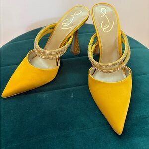 Sam Edelman Yellow Pointed-Toe Satin Heeled Mules with Rhinestone Double Straps